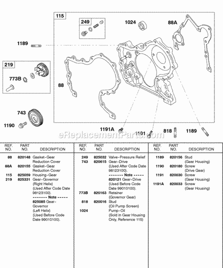 Gear Housing Governor Gear Diagram and Parts List for 430447-0105-01  Briggs and Stratton Engine